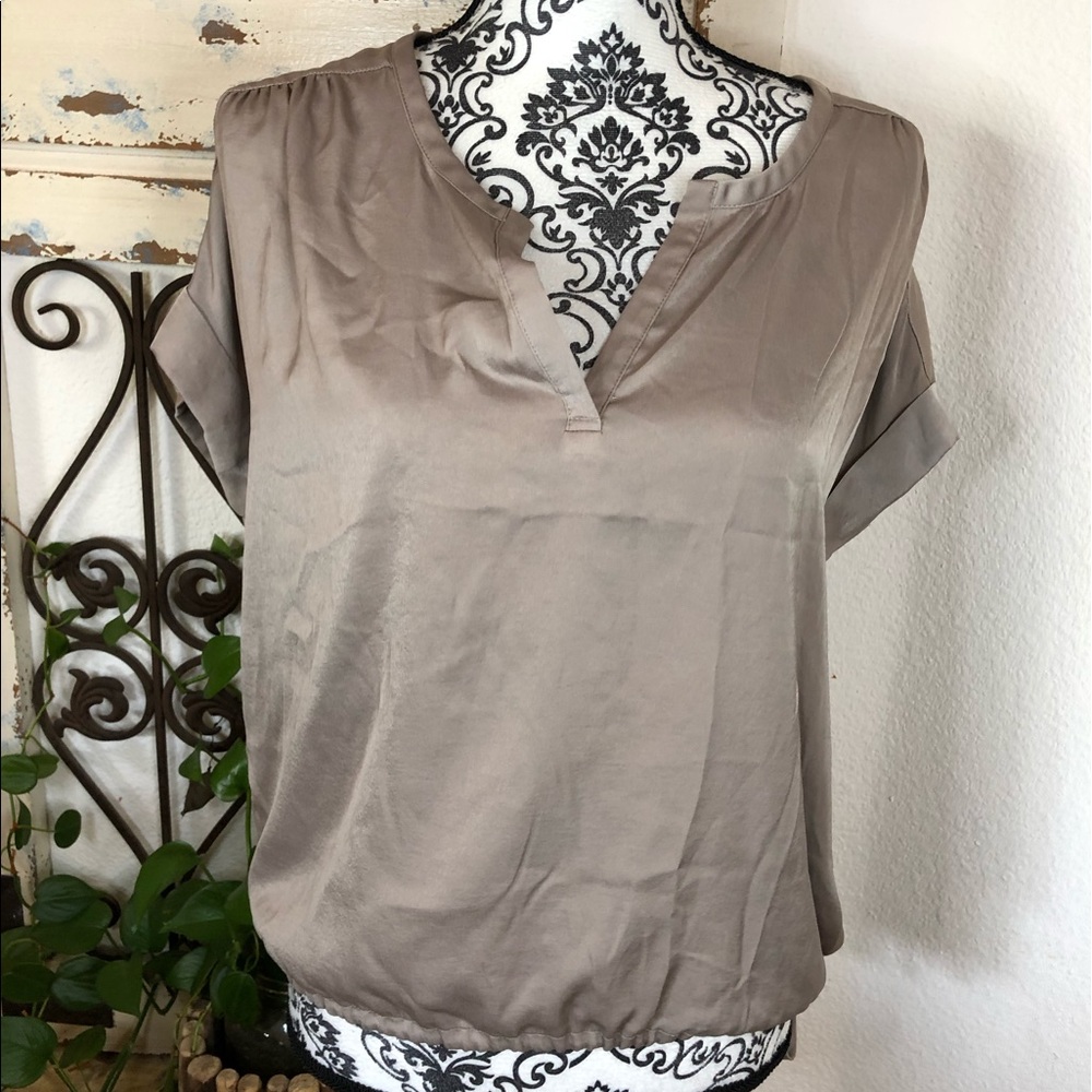 BCBG maxazria tan shimmer tie bottom blouse